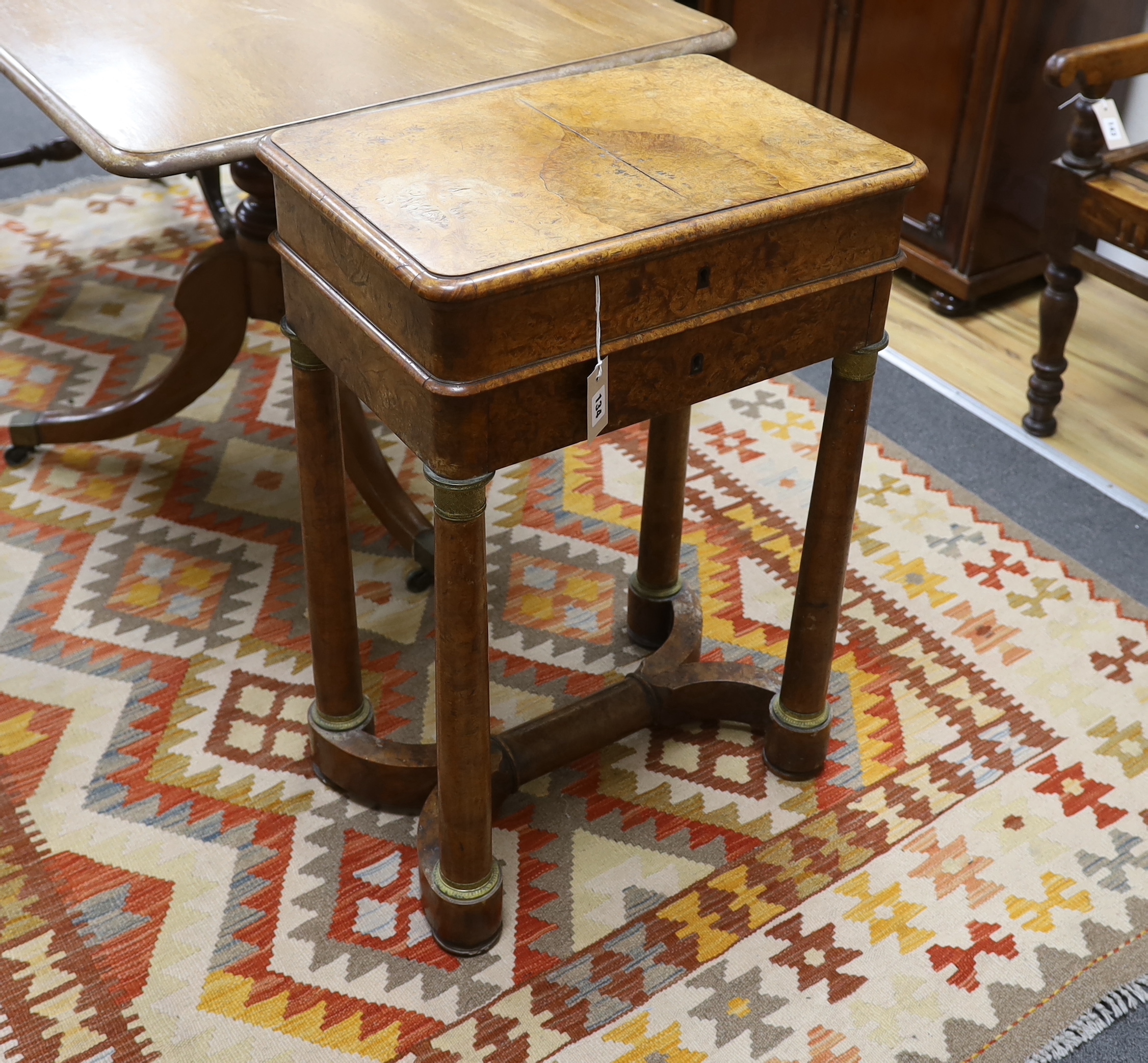 A 19th century Biedermeier gilt metal mounted burr maple writing table, width 52cm, depth 35cm, height 76cm